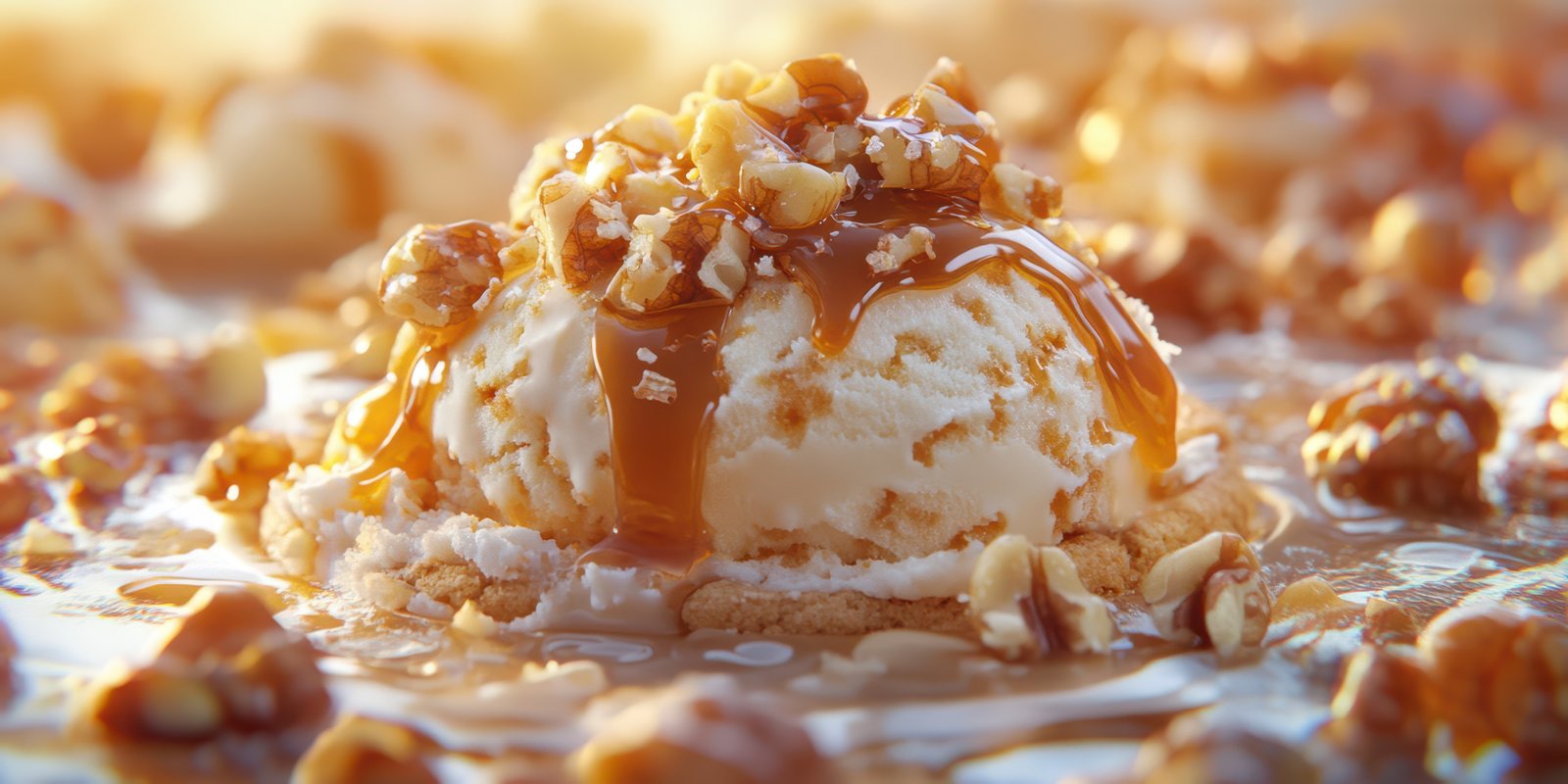 Delicious ice cream topped with caramel and crushed nuts served in sunlight